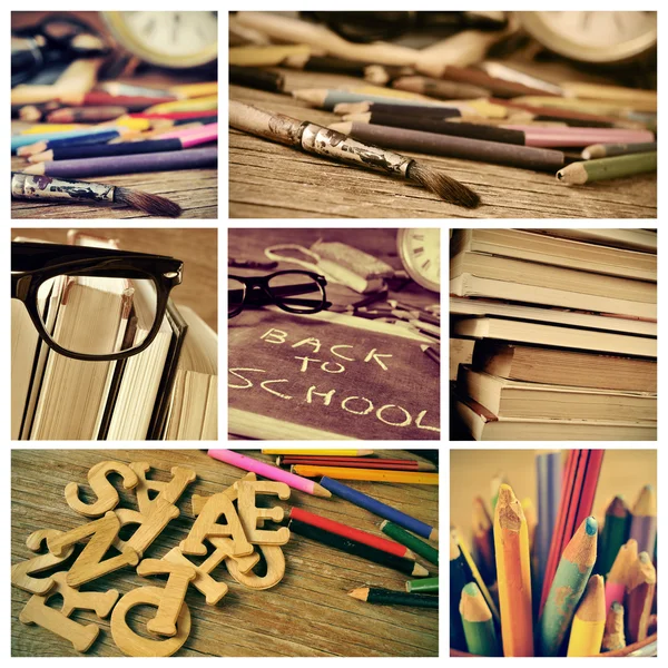 Collage of pictures of a classroom and the text back to school — Stock Photo, Image