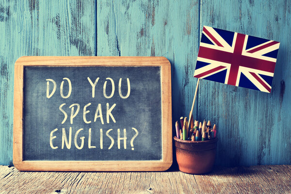 text do you speak english? in a chalkboard, filtered