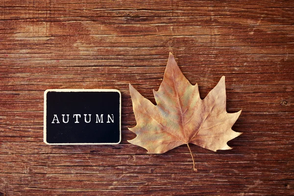 Hoja de otoño y pizarra con la palabra otoño — Foto de Stock