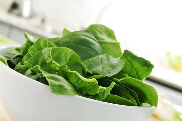 Raw spinach leaves on the countertop of a kitchen — Stock Photo, Image