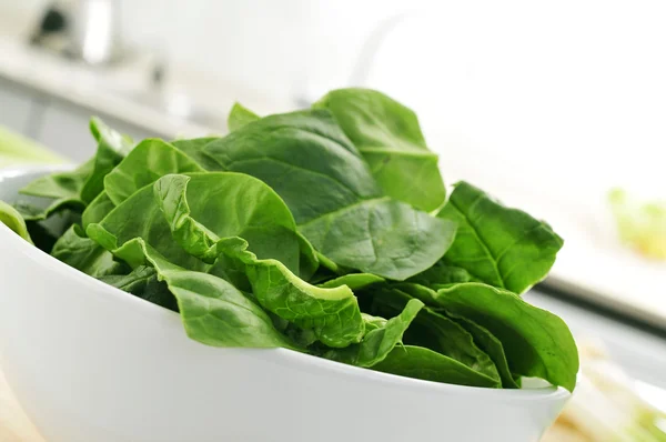 Ruwe spinazie bladeren op het aanrecht van een keuken — Stockfoto