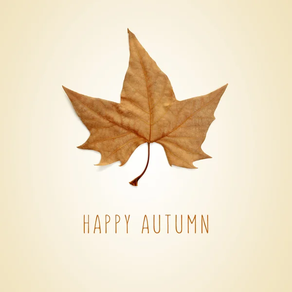 Dry leaf and the text happy autumn — Stock Photo, Image
