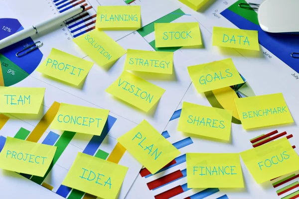 Kleverige nota's met business concepten, zoals strategie, planning — Stockfoto