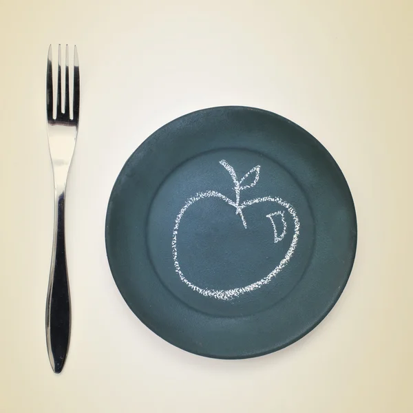 Apple drawn with chalk in a plate — Stock Photo, Image