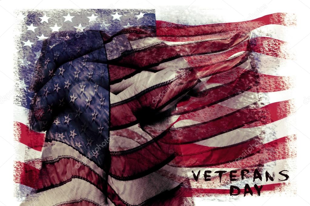 text veterans day and flag of the US, double exposure