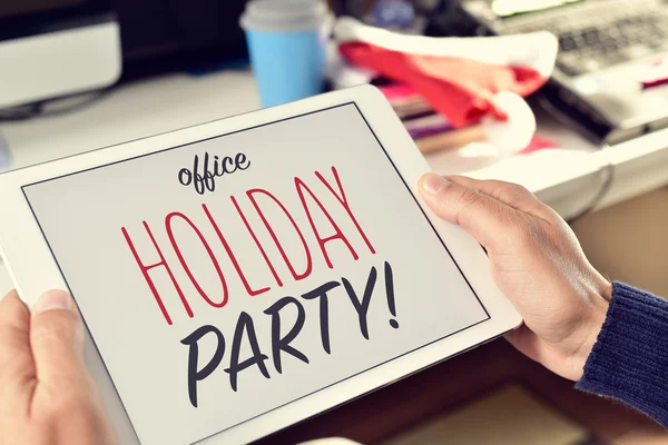 Tekst biuro holiday party na tabletki — Zdjęcie stockowe