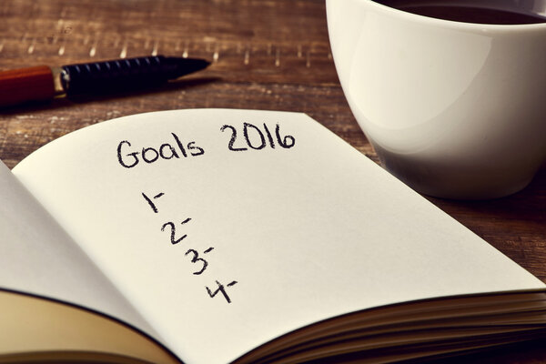 coffee and notepad with a blank list of goals for 2016