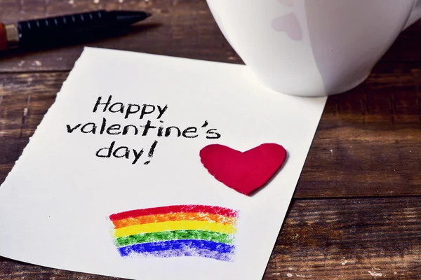 Káva a poznámku s textem šťastný valentines day — Stock fotografie