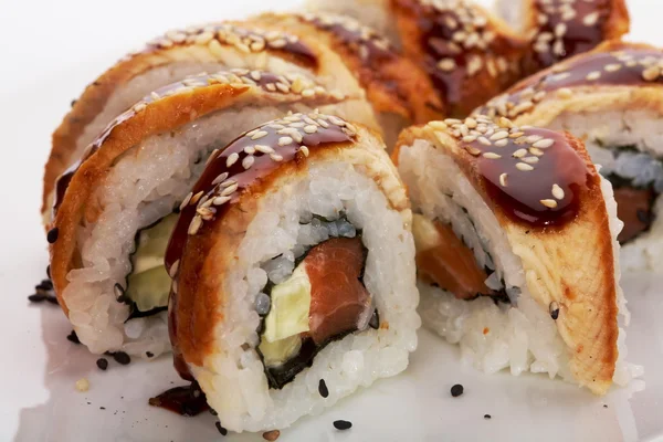 Smoked Eel Roll unagi made of Fresh Raw Salmon — Stock Photo, Image