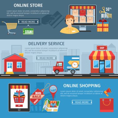 Online alışveriş ve teslim düz afiş ayarla