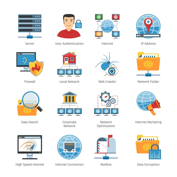 Set di icone piatte di rete e Internet — Vettoriale Stock