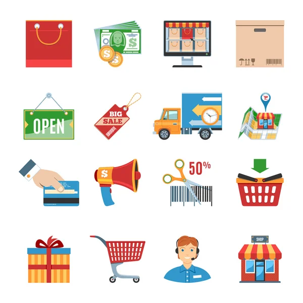 Conjunto de iconos planos de compras — Vector de stock