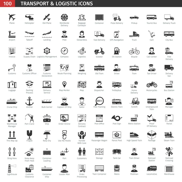 Set di icone nere di trasporto e logistica — Vettoriale Stock