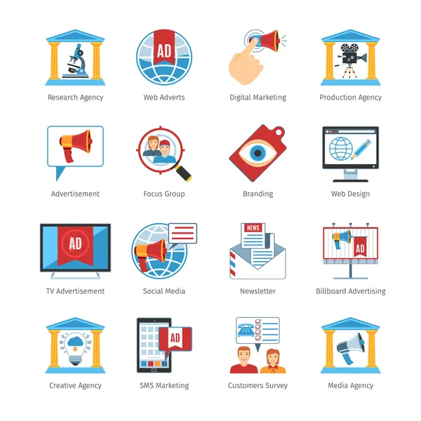 Icônes plates de conception de publicité de médias — Image vectorielle