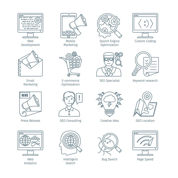 Icônes de ligne mince SEO moderne — Image vectorielle