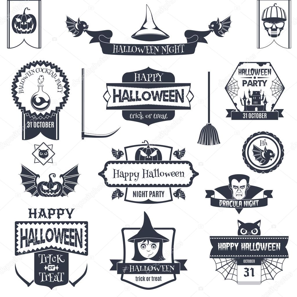 Set Of Black Halloween Badges And Labels. Ribbons, Flat Icons And Other Elements. Vector Illustration