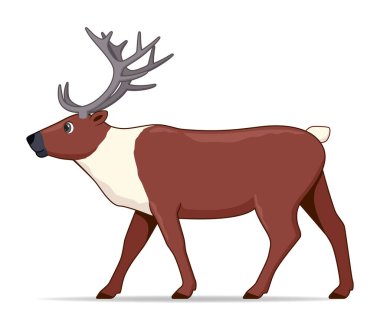 Beyaz arka planda duran ren geyiği hayvanı. Çizgi film biçimi vektör illüstrasyonu