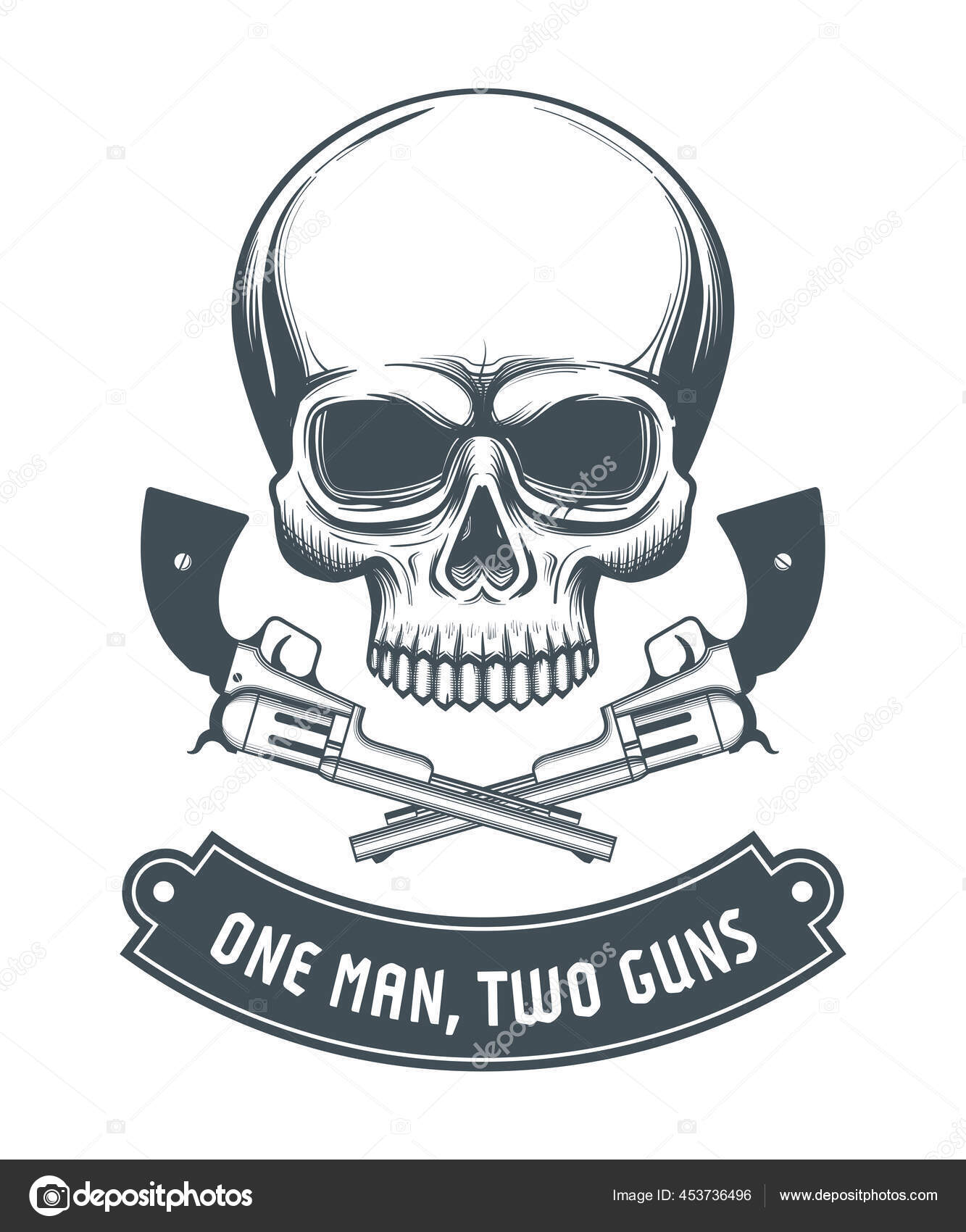 Vintage Skull Crossed Guns Monochrome Realistic Illustration Stock
