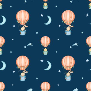 Mutlu Paskalya suluboya baskıları, çocuk odası tatil tasarımı. Sevimli tavşan, hava balonu, tavuk ve yıldızlar kusursuz desen. Paskalya suluboya el yapımı illüstrasyon