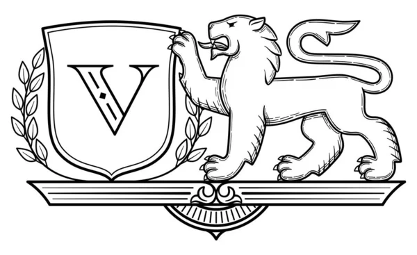 Des Armoiries Bouclier Maintien Lion Symboles Éléments Héraldiques Design Vintage — Image vectorielle