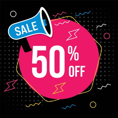 Satış afişi. Megafon ve şimşekle siyah arka plan. Pankart, poster, başlık web sitesi şablonu. Çizgi film vektör illüstrasyonu