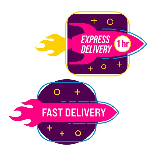 Lieferung Embleme Set Vorhanden Express Und Fast Delivery Rocket Icons — Stockvektor