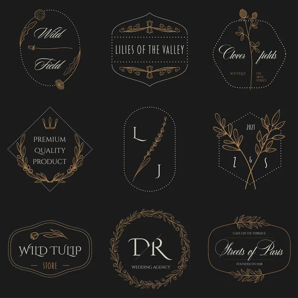 Bloemen Rand Logo Ontwerp Sjablonen Handgetekende Elegante Emblemen Met Bladeren — Stockvector