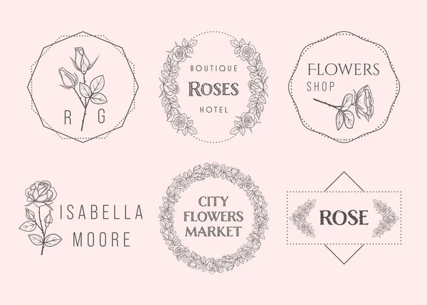Розкішні Квіткові Логотипи Троянд Встановлені Модному Лінійному Стилі Рука Намальована — стоковий вектор
