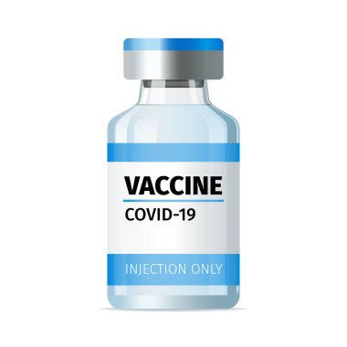 Cam şırınga aşısı beyaz arka planda izole edilmiş tıbbi şişe. Coronavirus salgını ve Covid-19 konsepti. Vektör illüstrasyonu