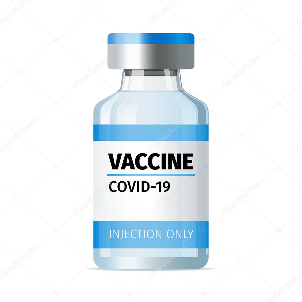 Injection vaccine in glass medical vial bottle isolated on white background. Coronavirus pandemic and Covid-19 concept. Vector illustration