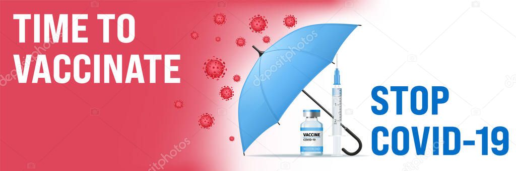 Coronavirus vaccine medical concept with glass bottles, umbrella, syringe, COVID-19 disease molecules. Realistic vector Illustration