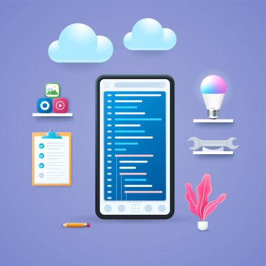 Mobil uygulama geliştirme kavramı. Mobil akıllı telefon, ekranda diyagram sayfaları açık. Akıllı telefondan programlama. Uygulamalar, parlak lamba ve raflarda anahtar. Web vektör illüstrasyonları 3B biçiminde