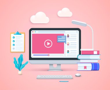 Çevrimiçi eğitim kavramı. Ekranda açık sayfaları olan bilgisayar. Klavye ve fare. 3B biçiminde Web vektör illüstrasyonu