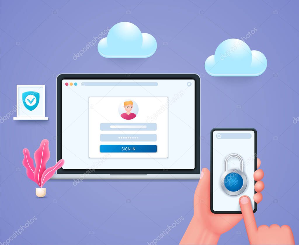 Multi factor authentication concept. Two steps authentication methodology. Hand holds smartphone, finger touches lock on screen. Laptop with open login page on the screen. Web vector illustration in 3D style