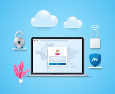 Sanal özel ağ konsepti. Harita arka planında kullanıcı bilgisi sayfası olan bir dizüstü bilgisayar. VPN bağlantısını sağlama al. 3B biçiminde Web vektör illüstrasyonu