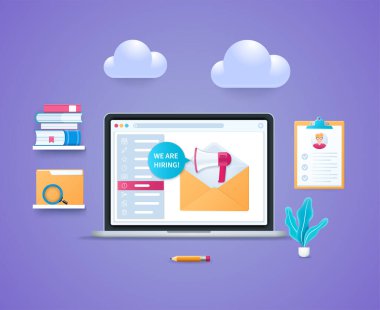 Eleman arıyoruz. İşe alım konsepti. Ekranda açık zarflı dizüstü bilgisayar. Büyüteç, dosya, raflardaki kitaplar. 3B biçiminde Web vektör illüstrasyonu