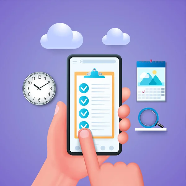 Λίστα Ελέγχου Στην Ιδέα Της Οθόνης Smartphone Κρατήστε Χέρι Smartphone — Διανυσματικό Αρχείο