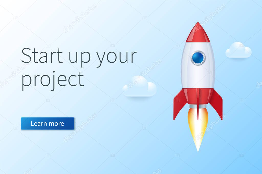 Start up new business project concept. Launch rocket. Innovation product, creative idea. Web vector illustration in 3D style