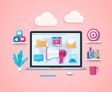 İçerik pazarlama konsepti. Megafonlu dizüstü bilgisayar, balon dili, klasör, video oynatıcı penceresi, ekranda e-posta. Dijital reklamcılık, web sitesi pazarlaması, sosyal medya pazarlaması. 3B biçiminde Web vektör illüstrasyonu