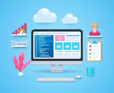 Web geliştirme konsepti. Ekranda pencere programlama ve site düzeni olan bilgisayar. Web vektör illüstrasyonları 3B biçiminde