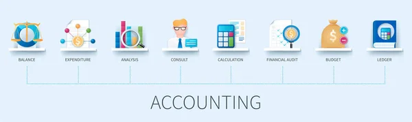 Accounting Finance Banner Icons Balance Expenditure Analysis Consulting Calculation Financial — Stock Vector