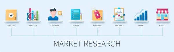 Banner Investigación Mercado Con Iconos Producto Análisis Cliente Encuesta Branding — Vector de stock