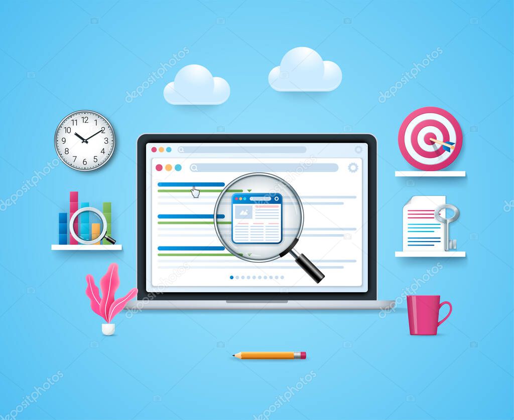 Search engine result page concept. Laptop with open search window page and magnifying glass. Results of a query. Web vector illustration in 3D style