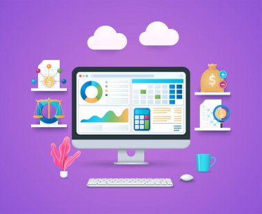 Mali idare kavramı. Ekranda grafik, diyagram, hesap makinesi, takvim penceresi olan bilgisayar. Örgütün mali açıdan ilgili görevi. 3B biçiminde Web vektör illüstrasyonu