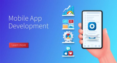 Mobil uygulama geliştirme pankartı. Vitesli ve anahtar simgeli akıllı telefonu ekranda tutuyor. Web vektör illüstrasyonları 3B biçiminde