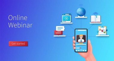 Çevrimiçi Webinar afişi. Konuşma baloncukları, video oynatıcı penceresi, kitap, grafik ve diyagram simgeleri. Çevrimiçi eğitim kavramı. 3B biçiminde Web vektör illüstrasyonu