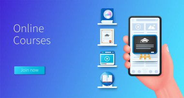 Çevrimiçi kurslar afişi. Okul yönetim kurulu simgesiyle el ele tutuşan akıllı telefon. Uzaklık eğitimi, küresel eğitim. Web vektör illüstrasyonları 3B biçiminde