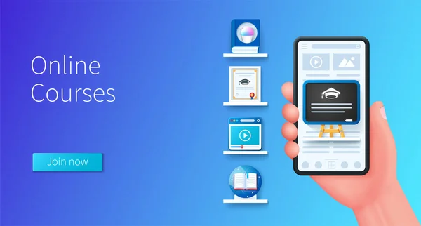 Banner Für Online Kurse Hand Hält Smartphone Mit Schultafel Symbol — Stockvektor