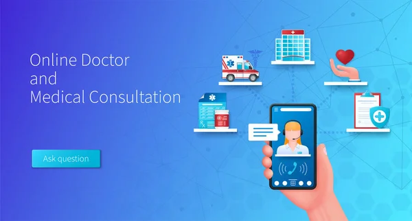 Online Doctor Banner Medical Consultations Drug Search Mobile Phone Web — Stock Vector