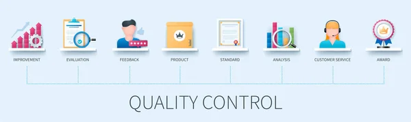 Quality Control Banner Icons Improvement Evaluation Feedback Product Standard Analysis — Stock Vector